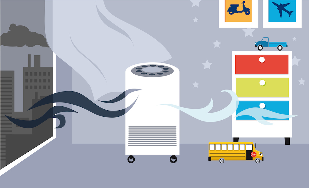 Generic air purifier improving indoor air quality in a kid's room in the city, EPS 8 vector illustration