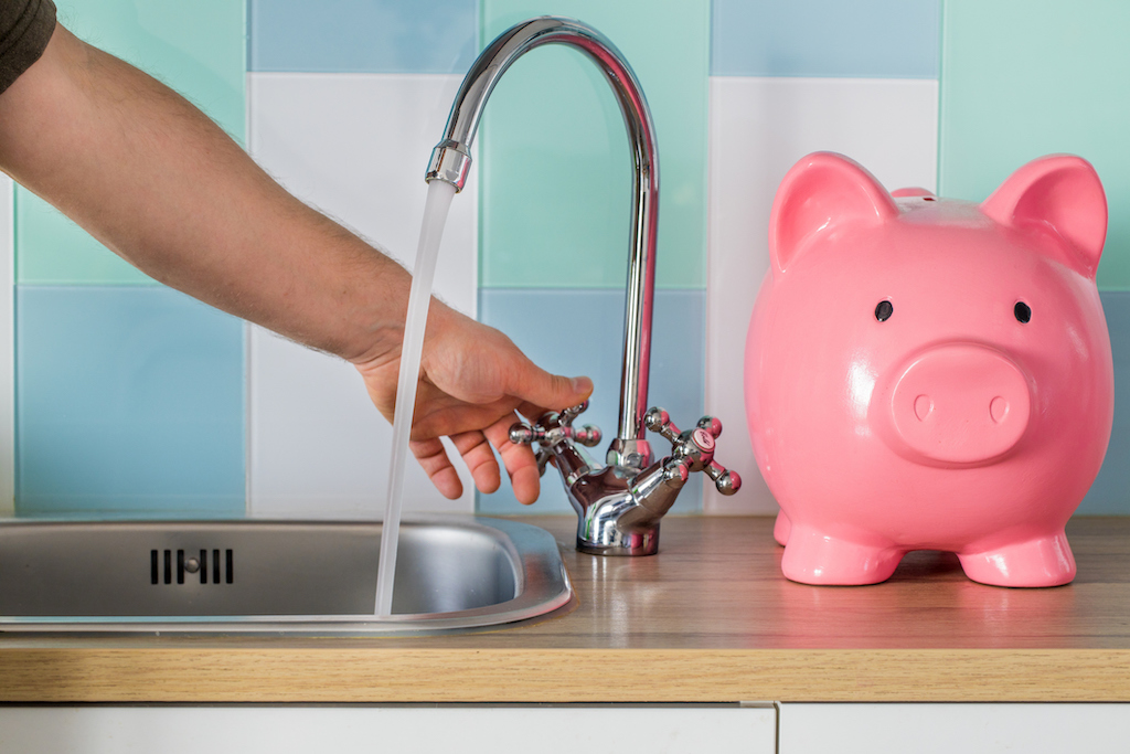 Piggy bank next to running sink with filtered water thanks to whole house reverse osmosis system. 
