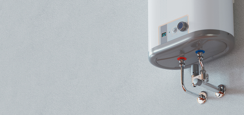 Hot water heater against white wall. | Plumbing service